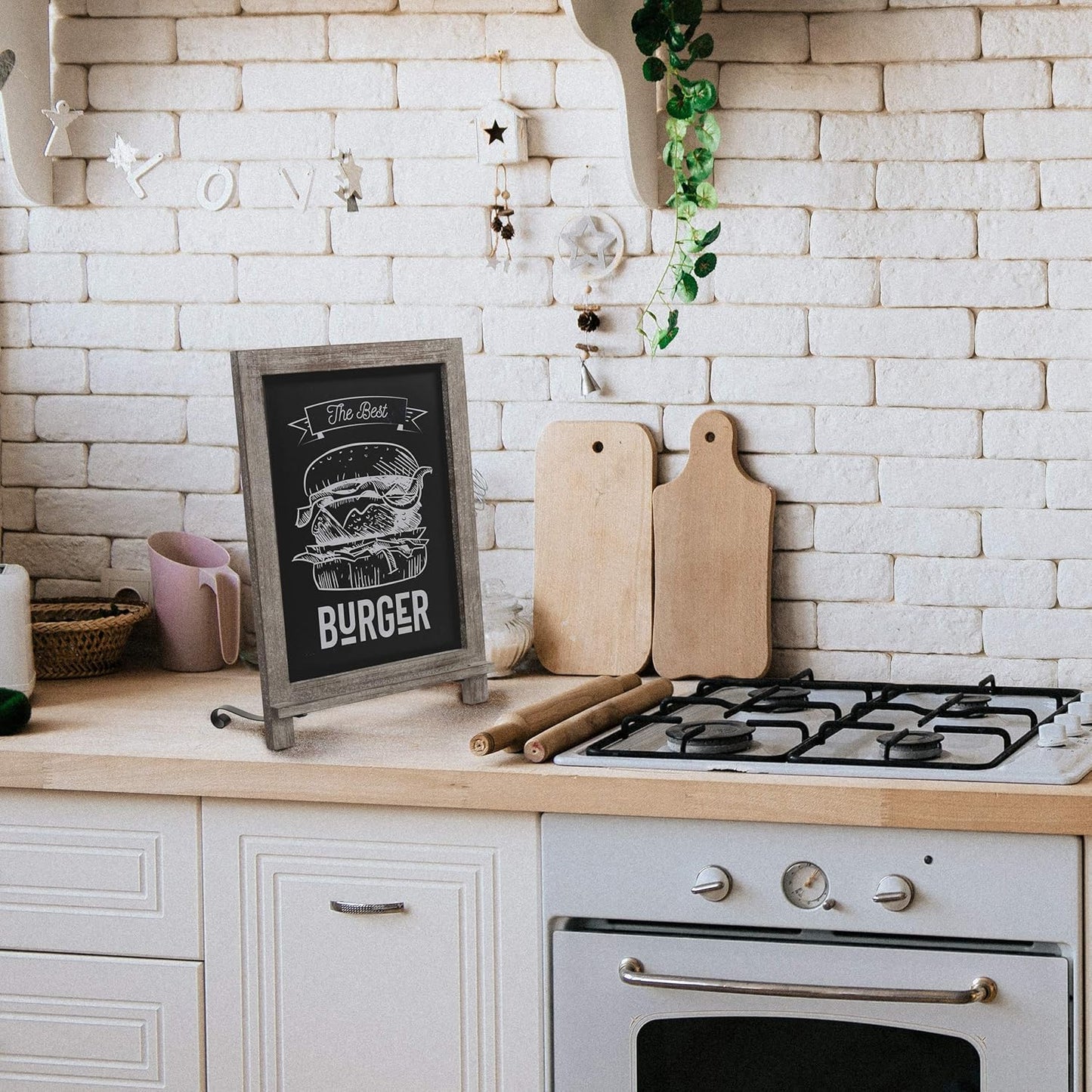 HBCY Creations Rustic Weathered Wooden Tabletop Chalkboard with Legs/Vintage Wedding Table Sign/Small Kitchen Countertop Memo Board/Antique Wooden Frame (12" x 17", 3- Weathered)