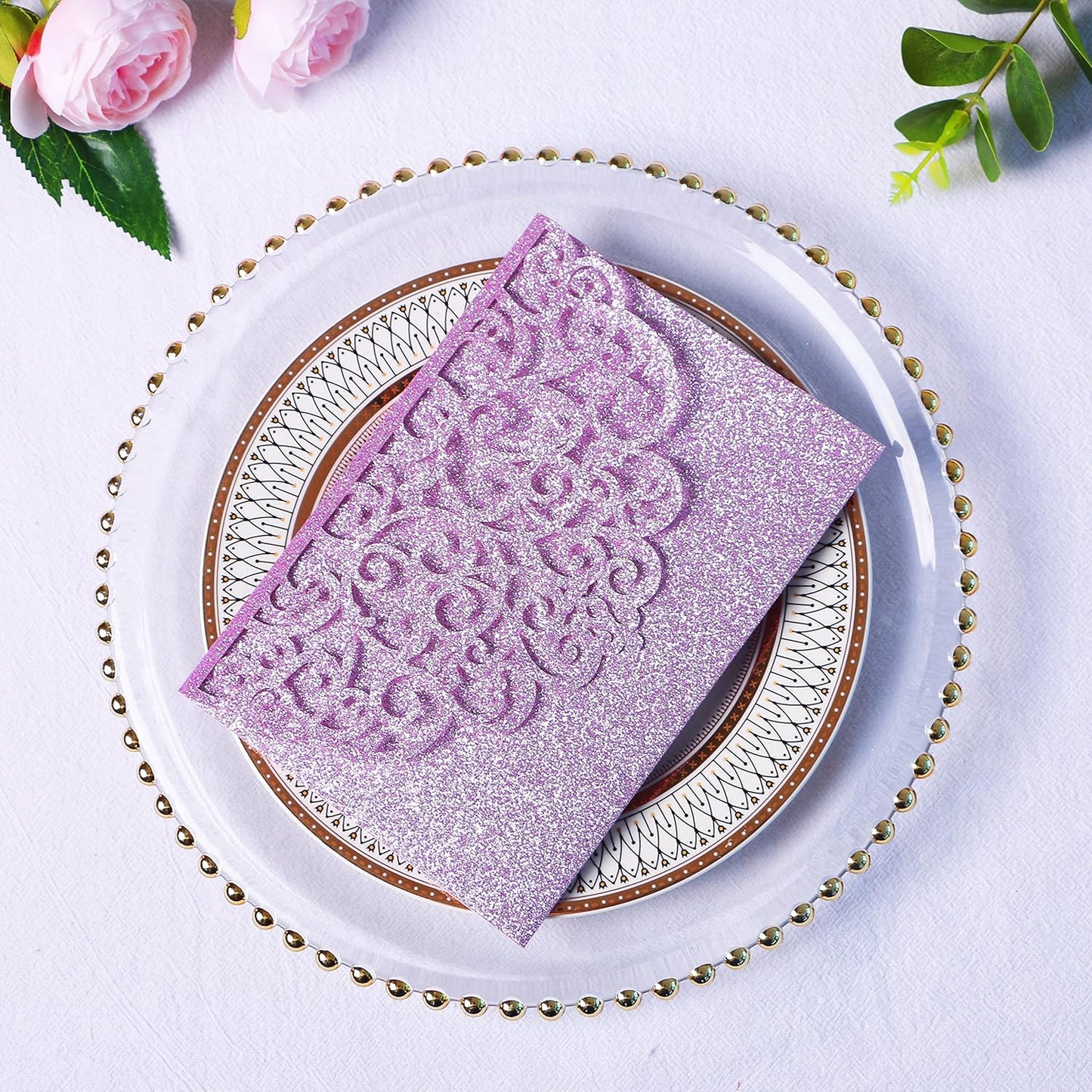 PONATIA 20 PCS Laser Cut Wedding Invitations Pockets with Envelopes for Wedding Party Bridal Shower Engagement Birthday Invite (Purple Glitter)