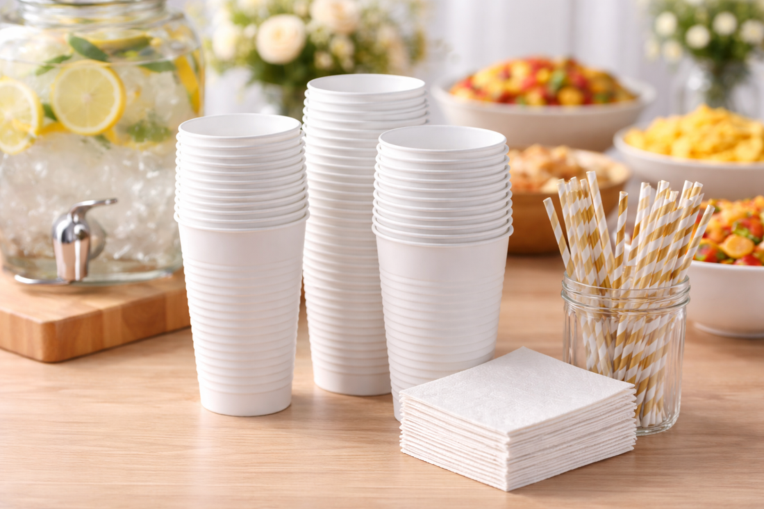 Stacks of white disposable cups arranged on a wooden table with straws and napkins, styled for a small home party setup for 15 guests.