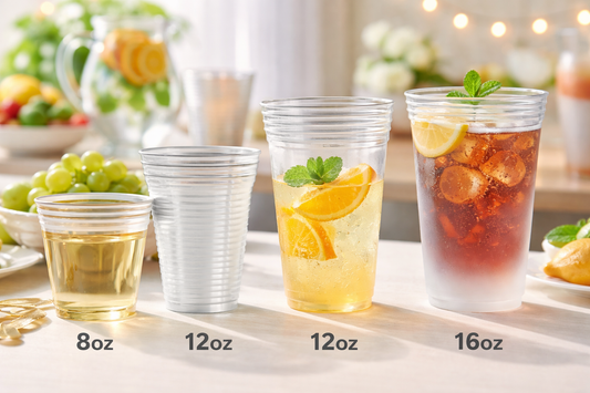 Small home party table featuring 8oz, 12oz, and 16oz clear disposable cups filled with wine, citrus soda, and iced drinks arranged side by side for size comparison.