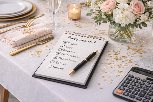 Party supplies checklist for 10–15 guests displayed on a decorated table with disposable tableware and floral centerpiece for small home party planning.