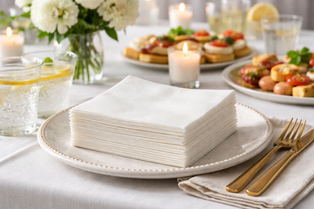 elegant stack of white disposable napkins on a party table with plates drinks and appetizers for a small home gathering