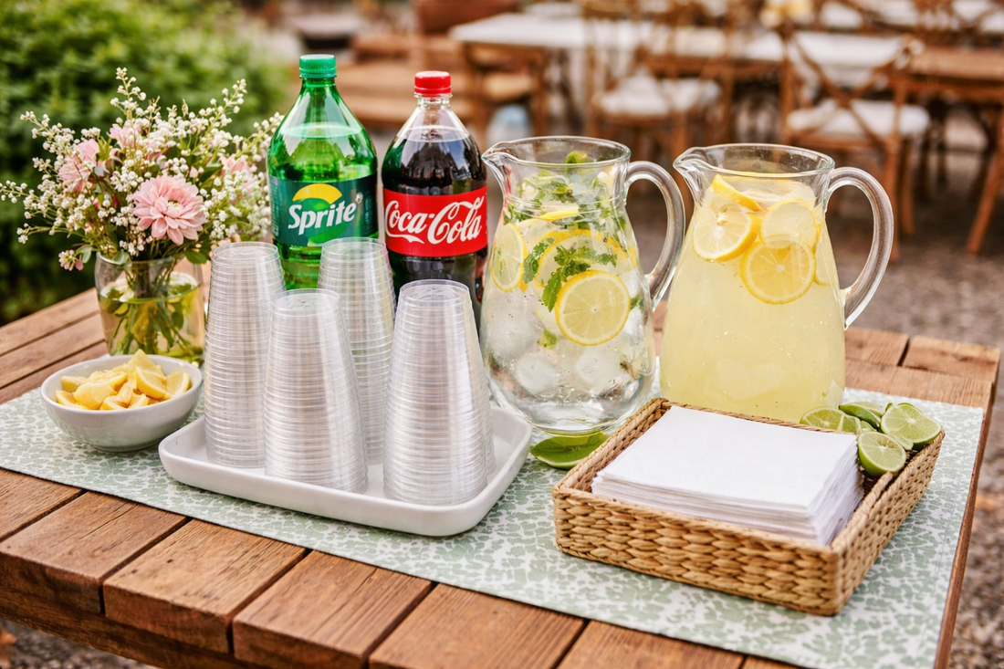 party drink station with lemonade soda and disposable cups prepared for a small home gathering of 15 guests