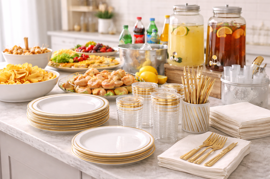 Disposable plates, cups, napkins, and gold utensils neatly arranged on a kitchen island with snacks and drink dispensers, showing a practical party supply setup for 10–15 guests.