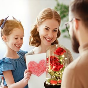 Beauty and The Beast Rose,Eternal Flower with 40 LED Lights Up in Glass Dome,Gifts for Mom,Birthday Gifts for Women,Wife,Girlfriend,Graduation,Anniversary,Christmas,Mothers Day-Classic Red Rose