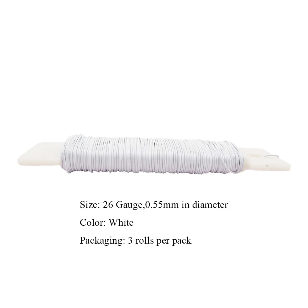 HAHIYO 26Gauge White Metal Floral Wire - 3 Rolls, 115 Yards (345 Feet) - Flexible Paddle Wire for Crafts, Christmas Wreaths, Tree & Flower Arrangement