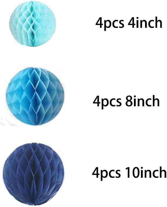 12pcs Party Honeycomb Balls Decorations 4'' 8'' 10'' Honeycomb Ball Flower Tissue Pom Poms Flower Balls Hanging Flower Balls for Baby Shower Birthday Wedding Nursery Decor(4'' 8'' 10'' Blue Kit)