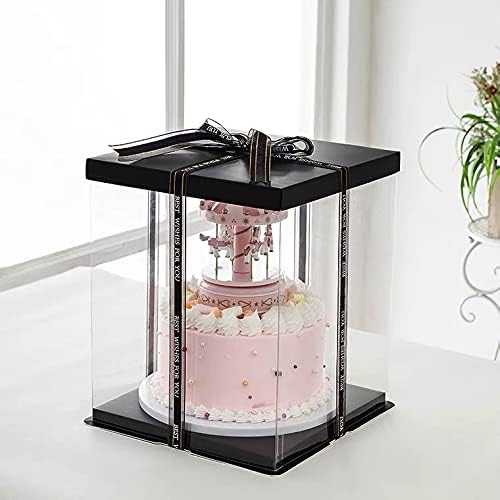 XININSUN 2Pcs Large Cake PET Clear Box, 10" X 10" X 9" with ribbon and pre-folded lid, for 8" cake packing carry, baking cookie display, Carry Tall Layer Gift, Festive Gift Box -Black
