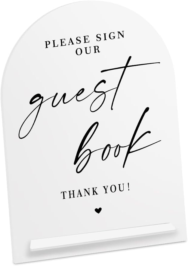 White Acrylic Guest Book Sign, Please Sign Our Guestbook Sign with Stand- 8x11 Inch Modern Calligraphy Arch Diagonal Acrylic Sign for Wedding Reception, Wedding Decoration Sign-bs-hlp05