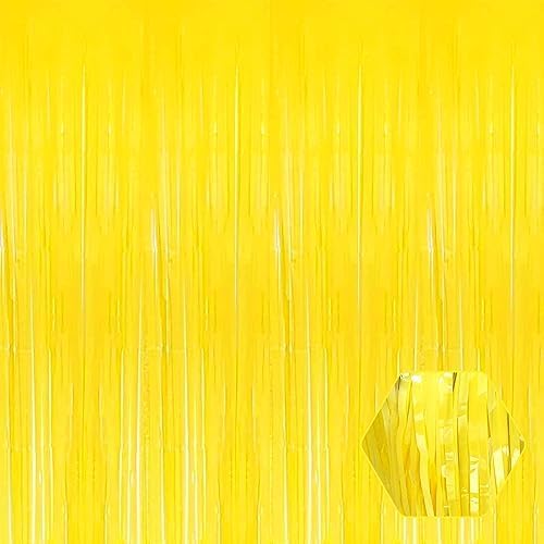 3 Pack Macaron Yellow Foil Fringe Curtain Backdrop, 3.28Ft x 8.2Ft Metallic Tinsel Foil Fringe Streamer Curtains for Photo Booth, Christmas Day, Thanksgiving, Wedding, New Year Party Decorations