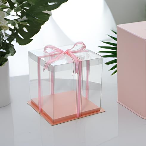XININSUN pink clear cake box with ribbon,4inch 6inch cake boxes,small transparent cake box cake carrier,square cardboard cake containers clear gift boxes for wedding,birthday,party(6pcs)