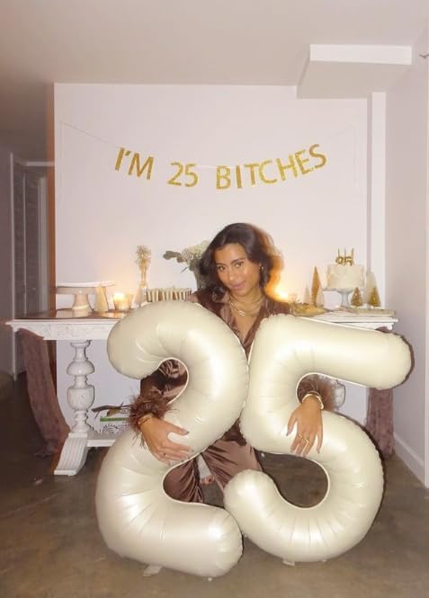 Cream White 40 Inch Large Number 25 52 Birthday Balloon, 25 52 Birthday Decorations, Foil 25 52 Mylar Helium Numbers Balloons Girl Boy Anniversary Party Supplies