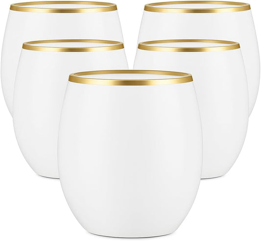 40 count Unbreakable Stemless Plastic Wine Champagne Whiskey Glasses Elegant Durable Disposable Indoor Outdoor Ideal for Home, Office, Bars, Wedding, 12 Ounce Cups Gold Rim (White Matte Gold)