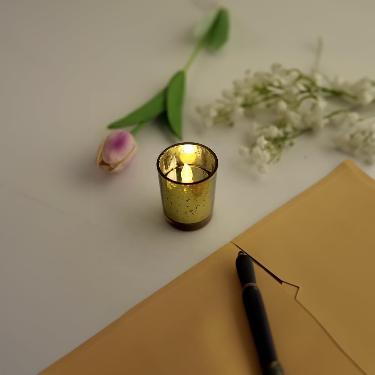 WGV Gold Speckled Tea Light Votive Candle Holder 2.2x2.75, Small Tiny Utility Cylinder Mercury Glass Vase, Home Accent Decor, 24 Pieces