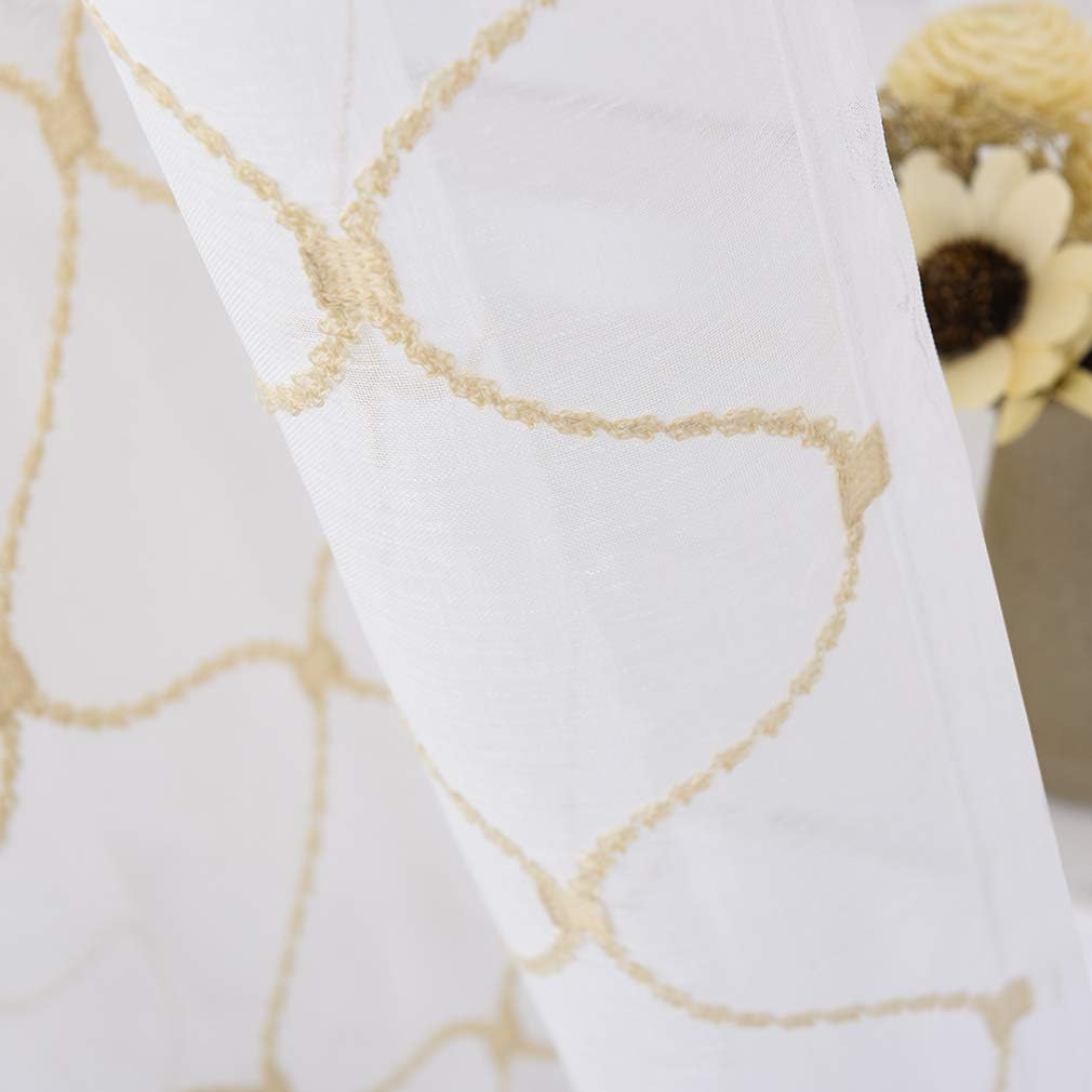 Sheer Curtains Gold 95 Inches Long, Embroidered Wave Diamond Window Treatments Rod Pocket Drapes for Living room, Bedroom, Semi Crinkle Voile Curtain Panels for Yard, Patio, Villa, Set of 2, 52"x95".