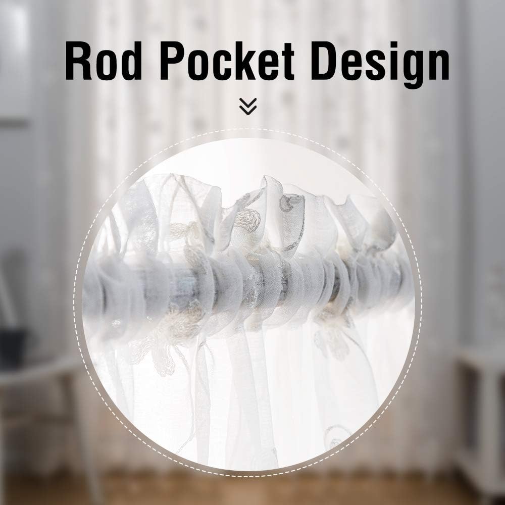 MYSTIC-HOME Embroidery White Sheer Curtains 84 Inches Long, Rod Pocket Sheer Drapes for Living Room, Bedroom, 2 Panels, 52"x84", Semi Crinkle Voile Window Treatments for Yard, Patio, Villa, Parlor.