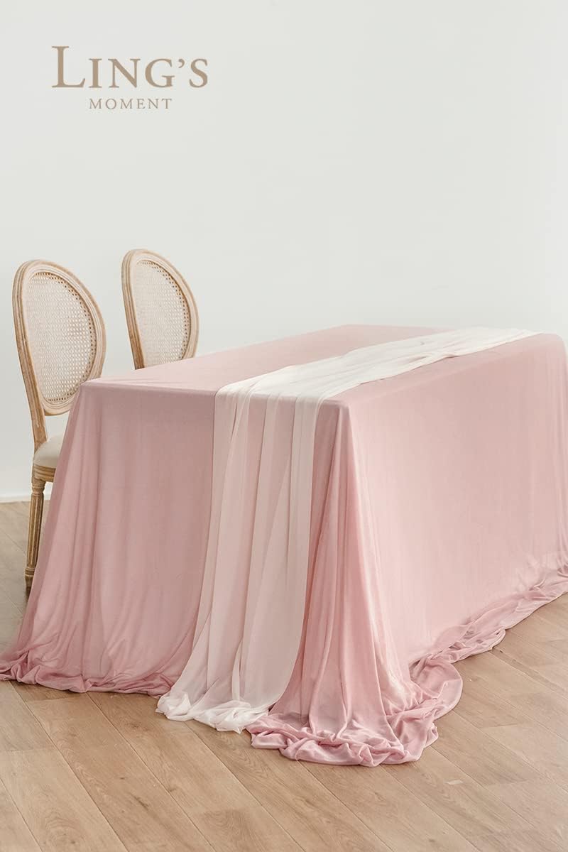 Ling's Moment Sheer Chiffon Table Cloth & Runner Set for 3x4ft Rectangle Table Decor in Dusty Rose & Blush for Wedding Reception and Parties