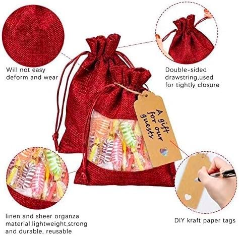 GIOIPC 50Pcs 4 x 6 Inch Linen Burlap Sheer Bags with Drawstring and Bonus Gift Tags for Wedding Birthday Bag,Craft Bags,Cosmetic Samples