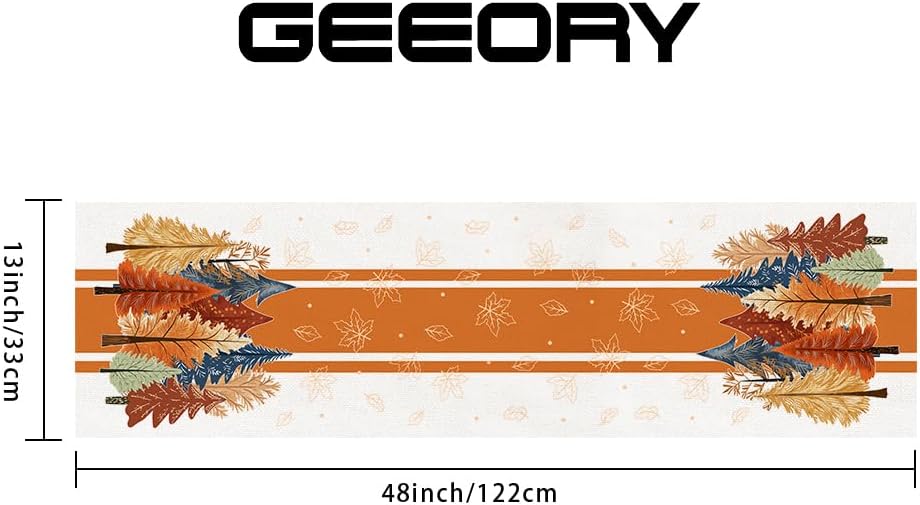 GEEORY Fall Watercolor Trees & Maple Leaves Striped Table Runner 13x48 Inch, Rustic Farmhouse Autumn Thanksgiving Decor for Kitchen, Dining, Indoor/Outdoor Holiday Dinner Party Orange GT157-48