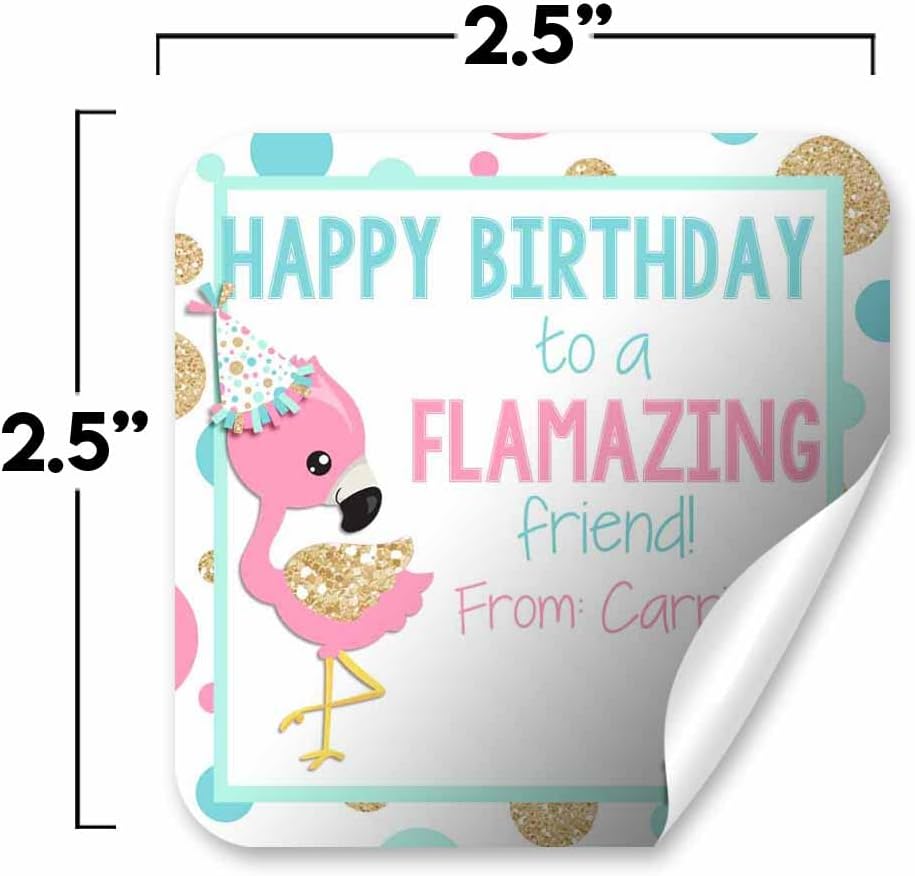 Custom & Personalized FLAMAZING Flamingo Happy Birthday Gift Tag Sticker Labels, 24 2.5" Square Stickers by Amanda Creation