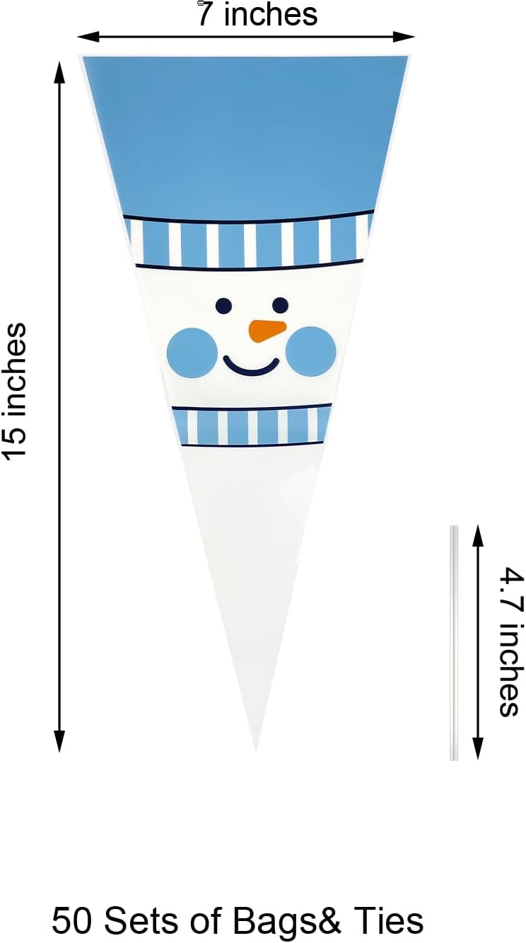 EKAPACKAGING 50Pcs 7x15 Inches Snowman Print Cone Shaped Treat Bags with Ties, Christmas Clear Cellophane Bags, Party Favor Bags for Popcorn, Cookies, Cotton Candy, Gift, and Pretzel Rod