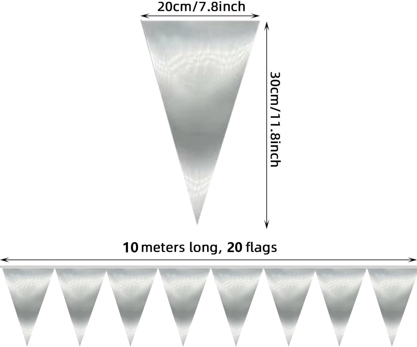 40M/130FT Silver Triangle Pennant Banner Flag Metallic Fabric Bunting Garland for Christmas Graduation Wedding Engagement Anniversary Bachelorette Birthday Bridal Shower Valentines Hen Party Supplies