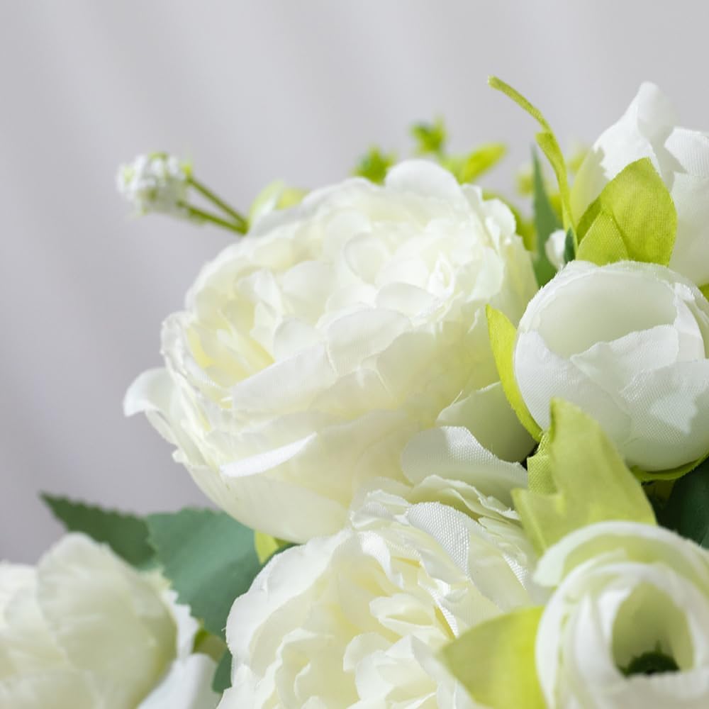 Artificial Peonies Silk Flowers in Glass Vase Faux Flowers Bouquets Modern Penoy Arrangement 4 Pack for Home Decoration Table Centerpiece (White)