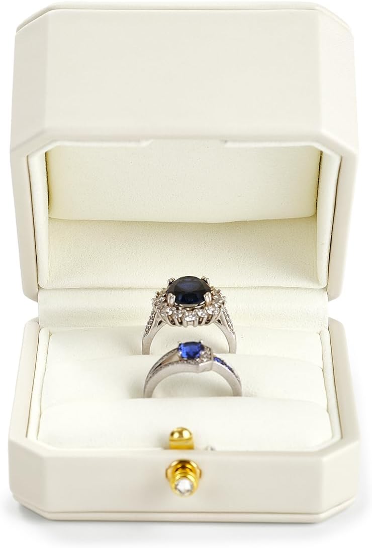 Oirlv Premium Leather Double Ring Box for Wedding Ceremony Engagement Ring Bearer Couple Jewelry Gift Box(White,Double)