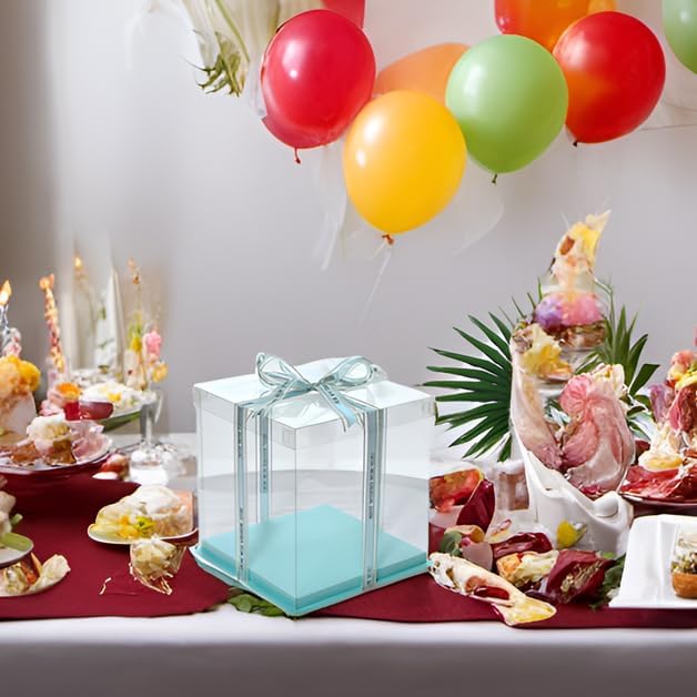 XININSUN clear cake box with ribbon,6inch 8inch cake boxes,transparent tall cake box cake carrier,Square Cardboard Cake Containers clear gift box for Wedding,Birthday,Party(6pcs-green)