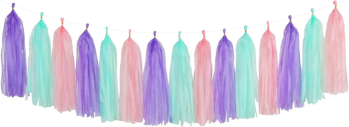 Pink-Purple Mint Mermaid Ocean-Themed Party-Decorations - 15pcs Tassel Garland Streamers Wedding Birthday Engagement Baby Bridal Shower Tassels Banner Decor Panduola