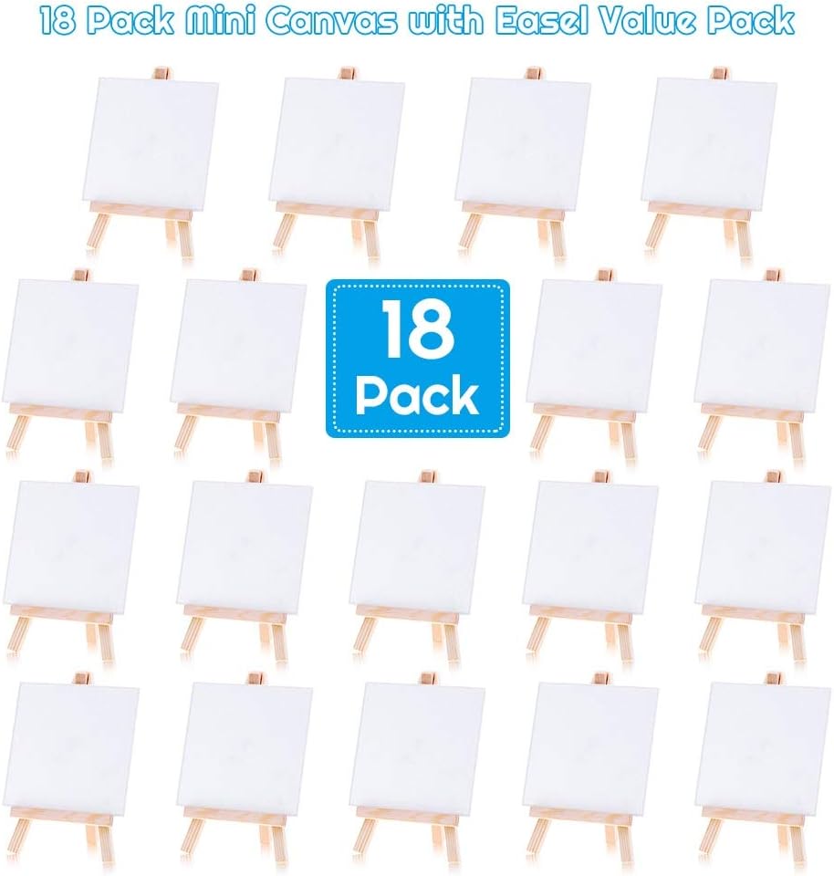 Mini Canvases 18 Pack, Cridoz Small Painting Canvas with Mini Easel 4x4 Inches Art Canvases Painting Kit for Kids Teenagers Acrylic Pouring Oil Water Color