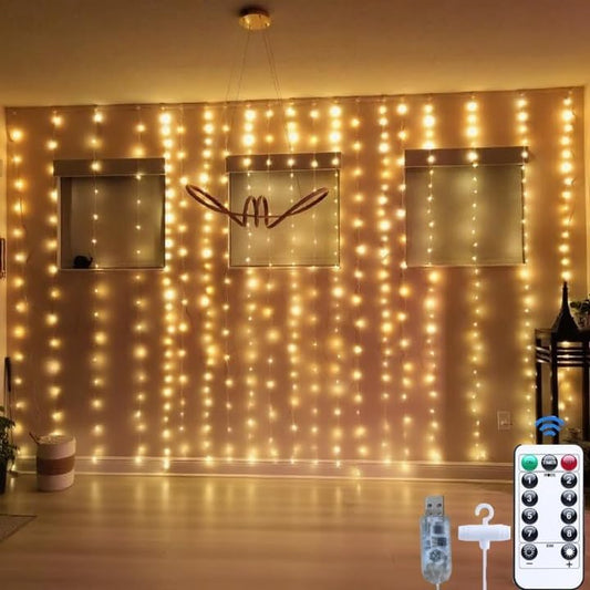 300LED Fairy Curtain Lights, 9.8x9.8Ft Warm White USB Plug in 8 Modes & Timer Christmas String Hanging Lights with Remote for Bedroom Indoor Outdoor Weddings Party Wall Decorations(Warm White)