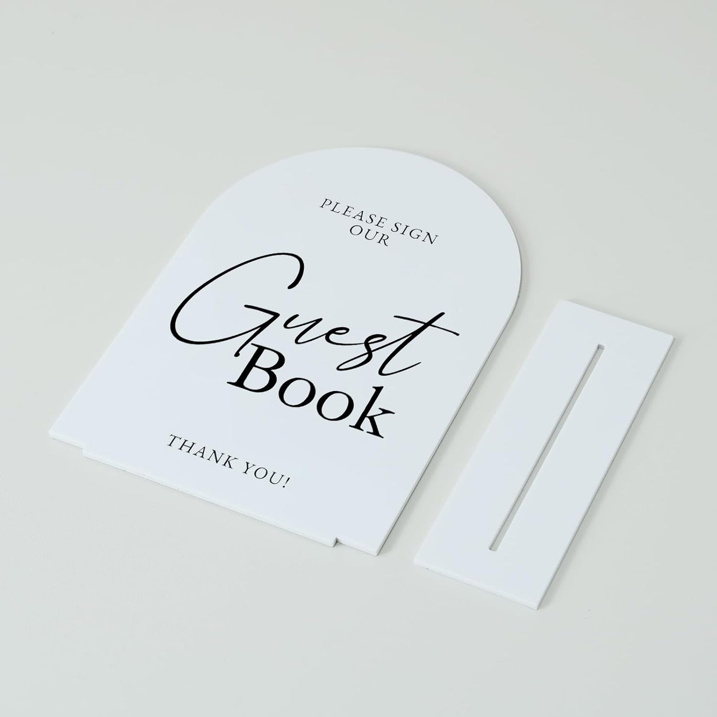 White Arch Acrylic Wedding Sign- 5"x7" Guest Book Sign and Base,1/8" Thick | Modern Calligraphy Arched Acrylic Table Sign for Wedding & Event Party