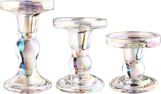 3-Piece Set of Glass Candlestick, Crystal Candlestick Holder Holder and Conical Candle, Christmas Candle Holder Decoration, Family Living Room Wedding Candle Holder (7 Colour)