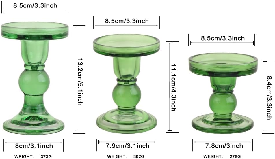3-Piece Set of Green Glass Candlestick, Crystal Candlestick Holder Holder and Conical Candle, Christmas Candle Holder Decoration, Family Living Room Wedding Candle Holder (green1set)