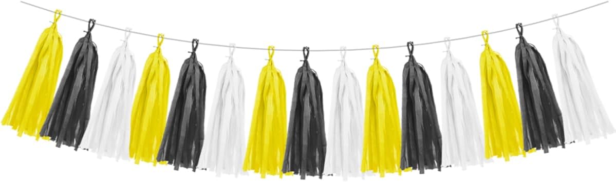 Yellow White Black Party Decorations - 15pcs Tissue Paper Tassel Garland for Birthday Baby Bridal Shower Wedding Graduation Hanging Decor HongTongTong