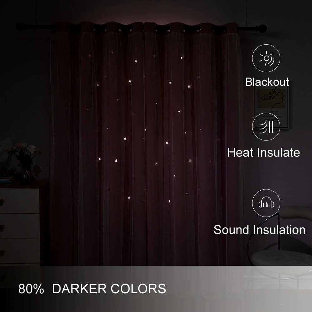 FANLI 2 Panels Star Blackout Curtains for Kid Girls Bedroom Living Room Darking Stripe Double Layer Star Cut Out Wall Home Decor Gradient Grommet Window Curtains (Pink 84L)