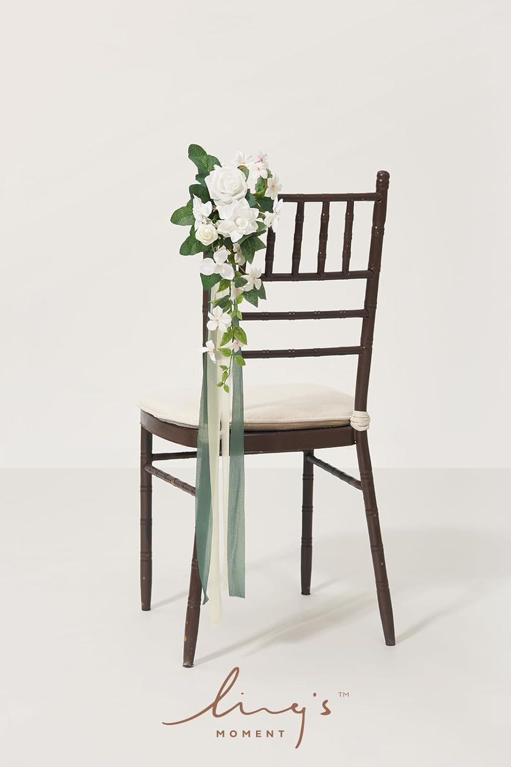 Ling's moment 8pcs Wedding Artificial Aisle Pew Flowers Chair Decorations White & Sage Green Arrangements with Chiffon Ribbons for Ceremony Chair Back Floral Reception Church Party Outdoor