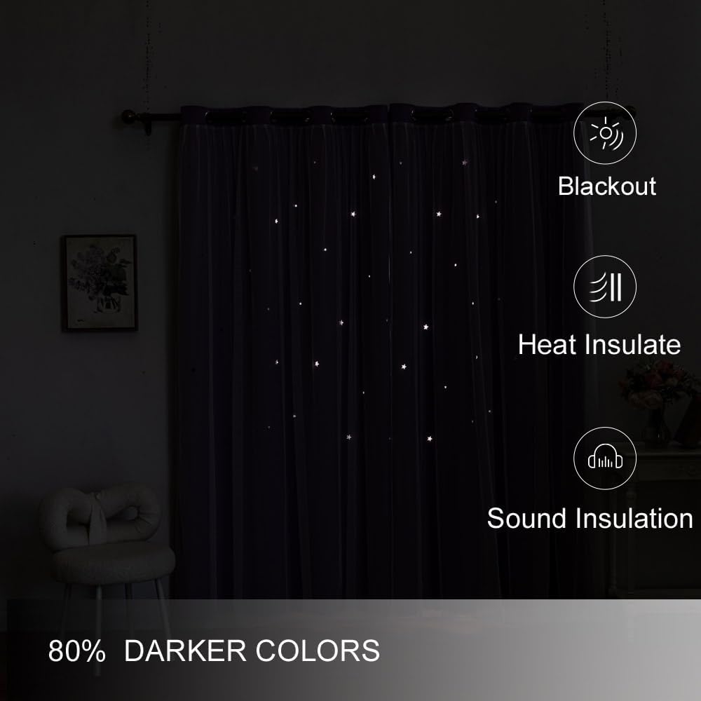 Ombre Rainbow Blackout Curtains for Kid Girls Bedroom Living Room Darking Stripe Double Layer Star Cut Out Wall Home Decor Gradient Grommet Window Curtains (Purple 84L)