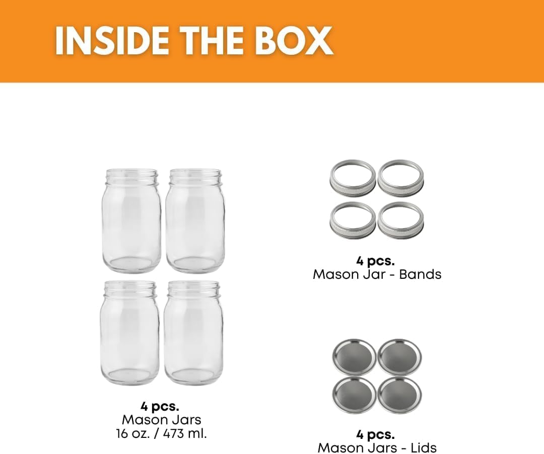 FastRack Regular Mouth Mason Jars 16 oz with Airtight Lids – Pack of 4 | Empty Glass Canning Jars for Food Storage, Fermentation, Pickling Canning, Meal Prep, Pantry Organization & Kombucha Brewing