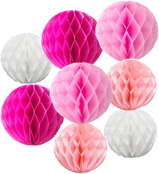8pc Honeycomb Balls Party Decorations 6'' 8'' Tissue Paper Pom Poms Flower Balls Hanging Paper Honeycomb Balls for Party Baby Shower Birthday Wedding Nursery Wall Decor(6'' 8'' Pink kit)