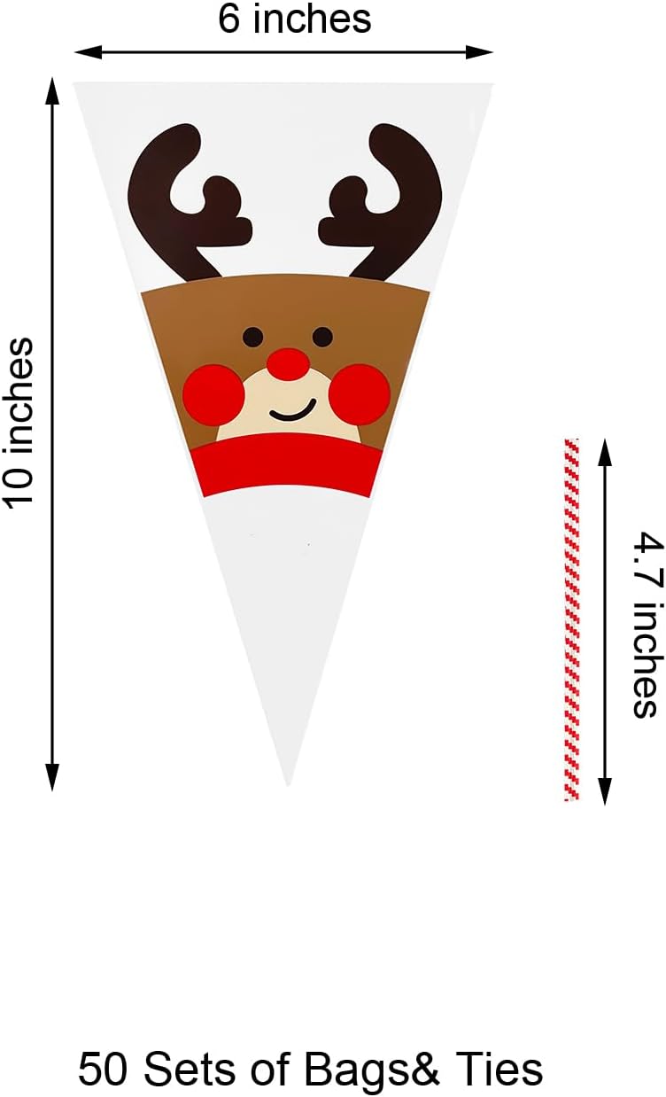 EKAPACKAGING 50Pcs 6x10 Inches Reindeer Print Cone Shaped Treat Bags with Ties, Christmas Clear Cellophane Bags, Party Favor Bags for Popcorn, Cookies, Cotton Candy, Gift, and Pretzel Rod