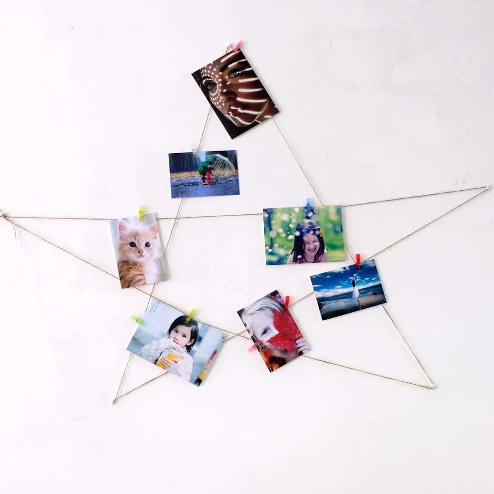 100pcs Mini Clear Hanging Photo Clips + 30m Twine for Picture Display, Arts & Crafts - Plastic Clothespins, Paper Peg Pin Craft Clips (Multi-Color)