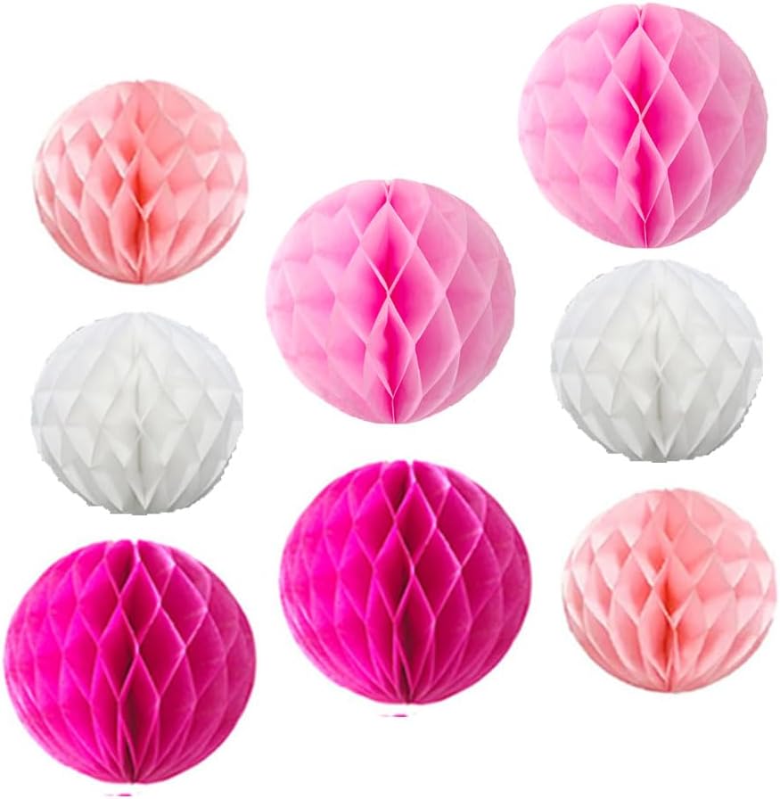 8pc Honeycomb Balls Party Decorations 6'' 8'' Tissue Paper Pom Poms Flower Balls Hanging Paper Honeycomb Balls for Party Baby Shower Birthday Wedding Nursery Wall Decor(6'' 8'' Pink kit)