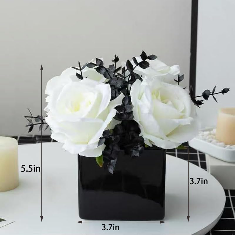 LADADA Artificial Flowers with Small Ceramic Vases, Roses in Vases Plastic Artificial Flowers and Plants,Used for Home Office Wedding Decoration, Table Decoration(White)