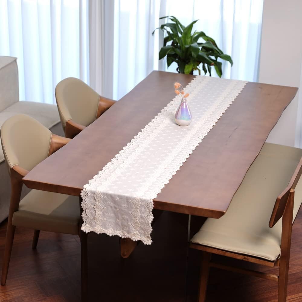 Inicia Cotton Lace Table Runner 12 × 86 inch Embroidered for Easter Holiday Wedding Picnic Daily Dining Tables White Decor (Cotton, 12"×86" (31cm×220cm))