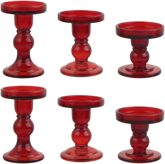 6-Piece Set of Red Glass Candlestick, Crystal Candlestick Holder Holder and Conical Candle, Christmas Candle Holder Decoration, Family Living Room Wedding Candle Holder (red2sets)