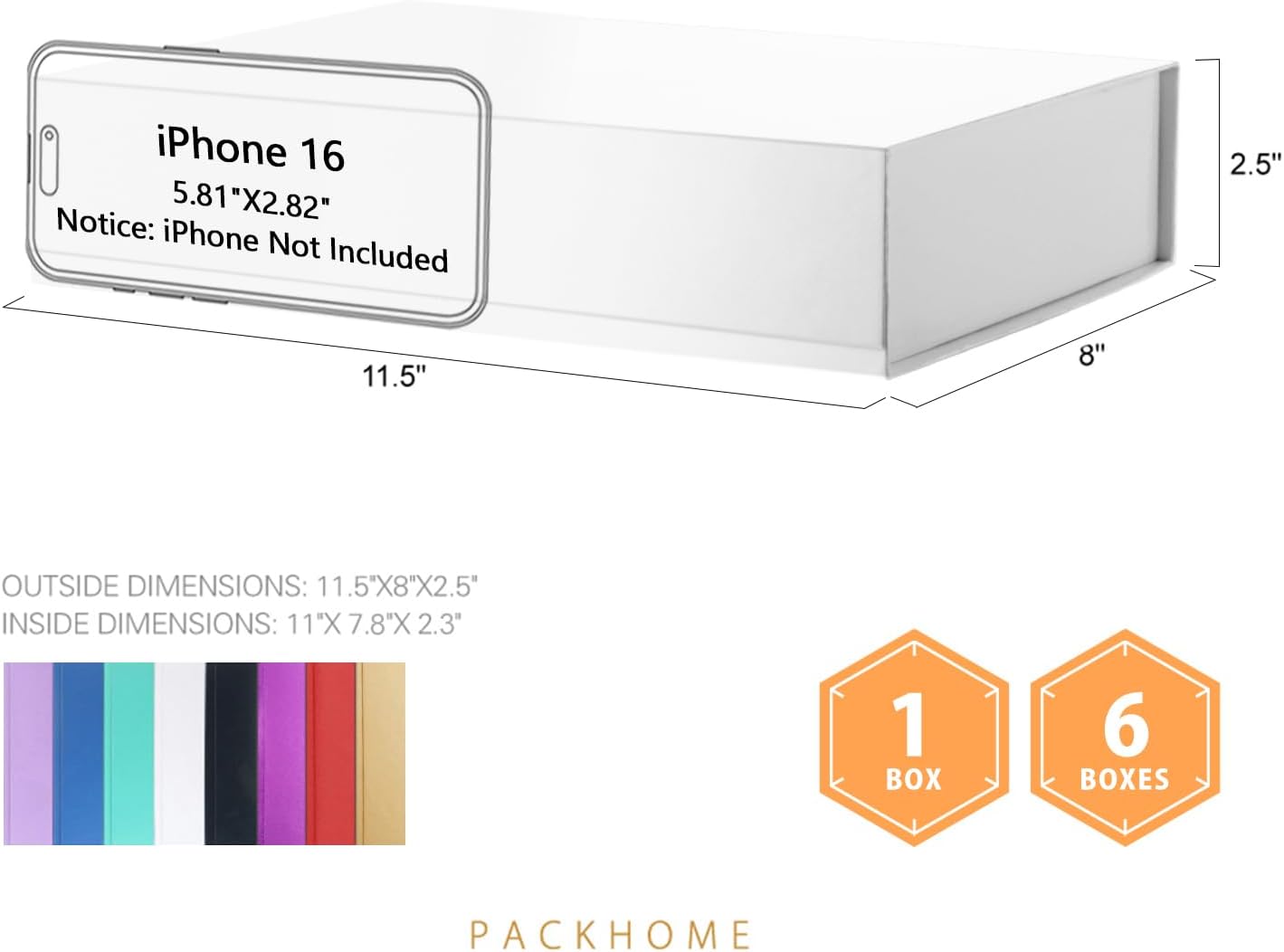 PACKHOME 6 Gift Boxes 11.5x8x2.5 Inches, Sturdy Shirt Boxes with Magnetic Lids for Multiple Occasions (Glossy White)