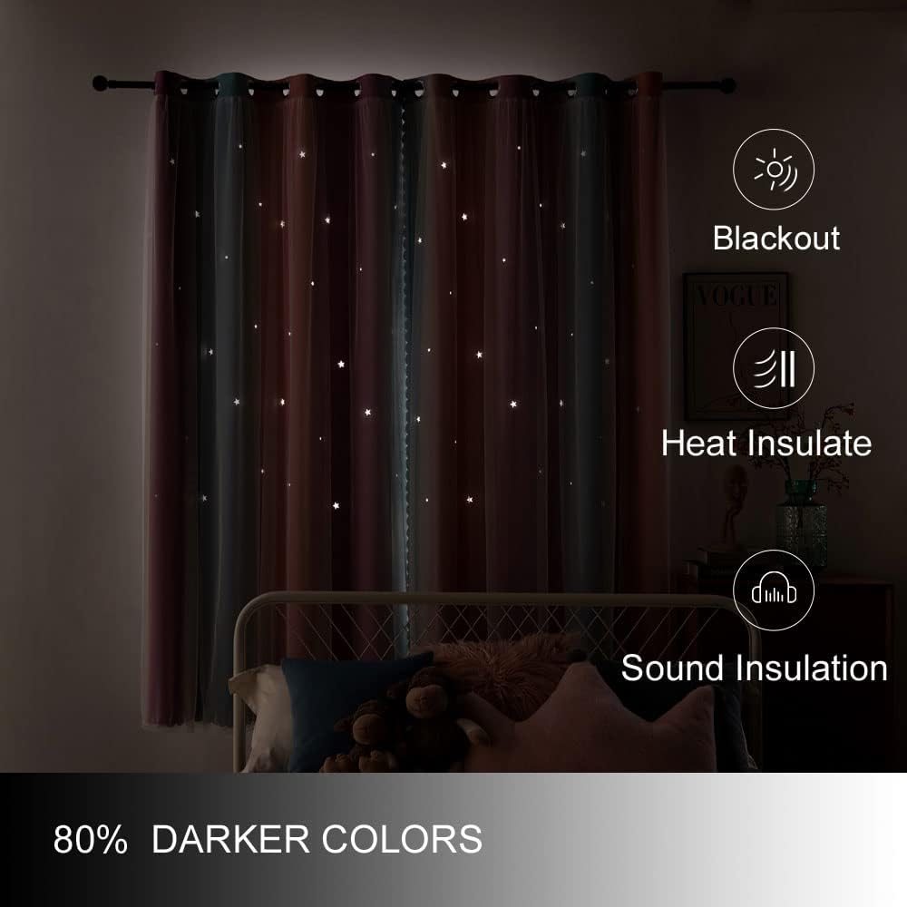 FANLI Ombre Rainbow Blackout Curtains for Kid Girls Bedroom Living Room Darking Stripe Double Layer Star Cut Out Wall Home Decor Gradient Grommet Window Curtains (Pink Purple, 52W x 72L)