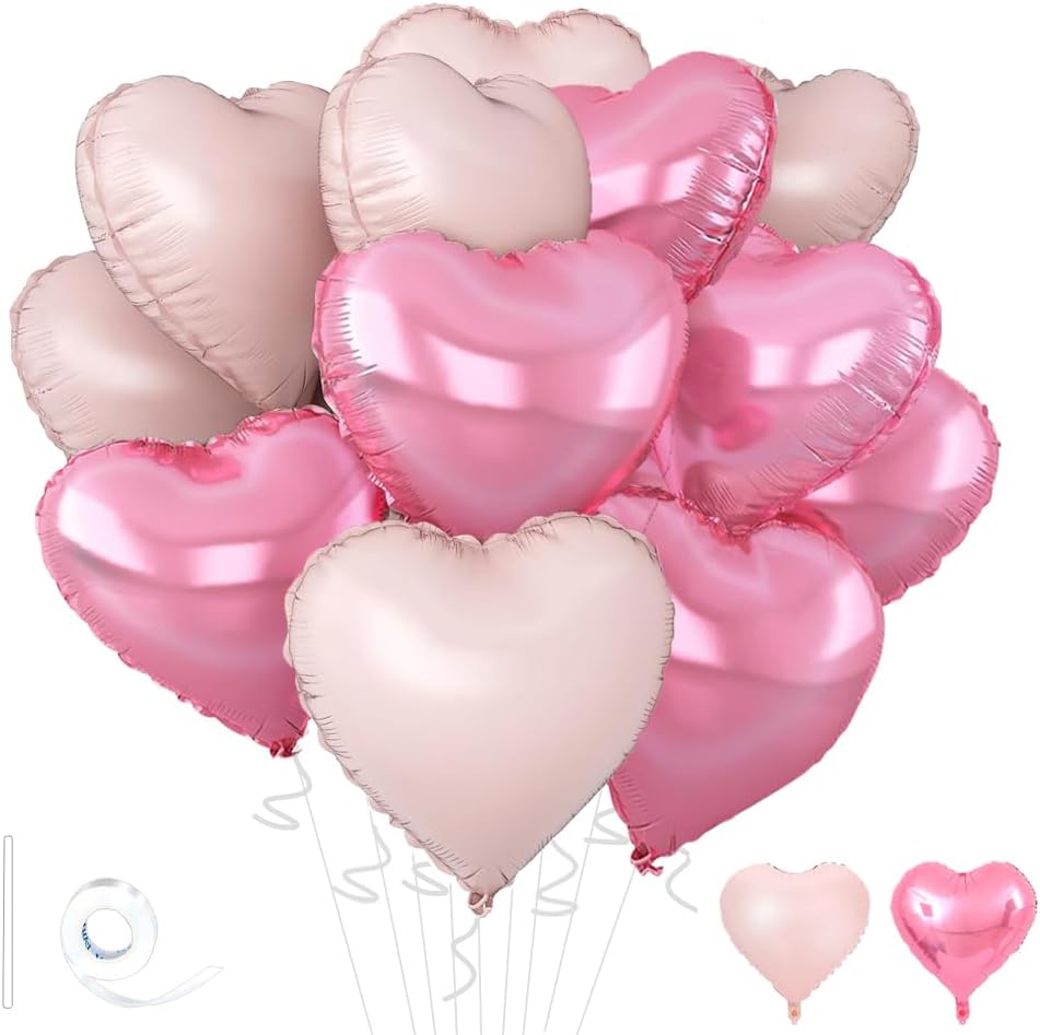 Pink Heart Balloons,18inch Bright Pink Heart Shaped Foil Balloons & Baby Pink Helium Mylar Balloon for Anniversary Wedding Engagement Birthday Party Baby Shower Decorations(12Pcs)